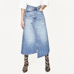 NWOT Zara Premium Denim Collection Asymmetrical Skirt Distressed Reconstructed S
